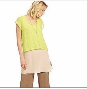 Eileen Fisher Organic Linen Honeydew Yellow Semi-Sheer Top Scoopneck Sz XL
